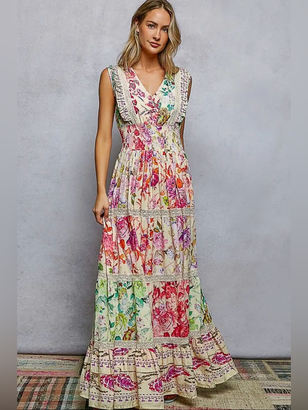 POL drawstring v neck floral button cotton boho western ruffle sleeve maxi dress